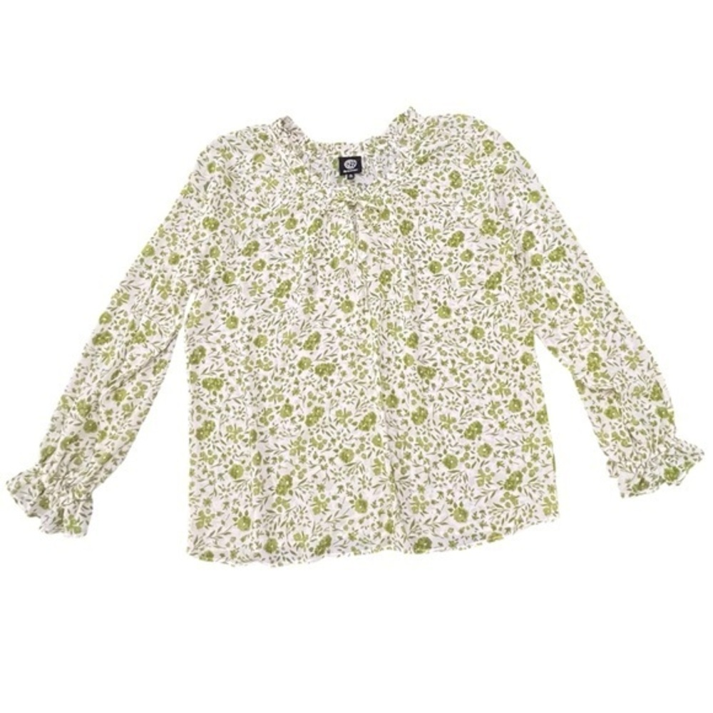 Bobeau Green White Floral Boho Blouse Tie Neck Size XL Long Sleeve Cottagecore